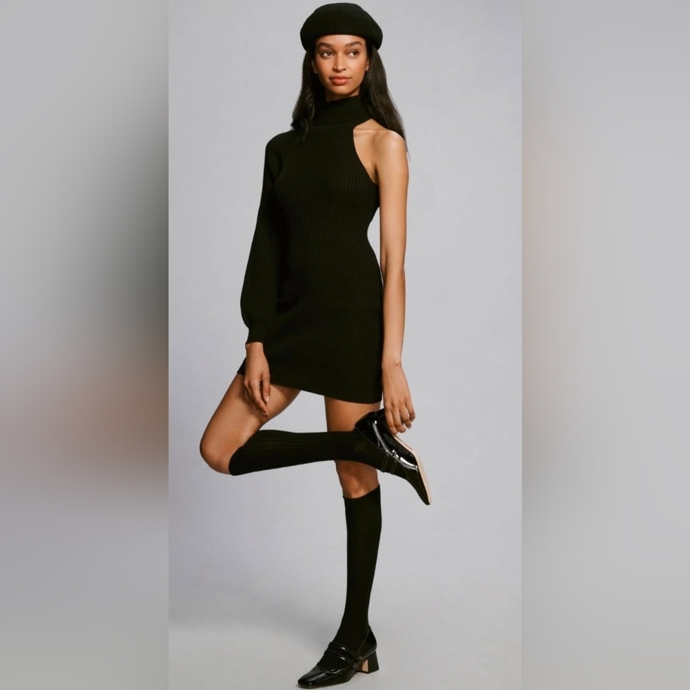 New By Anthropologie Black One-Shoulder Ribbed Knit Dress Size XXS